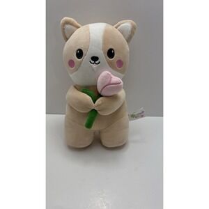 Smoochy Pals Corgi Plush w/ Pink Heart Tulip Flower Soft Squishy 10" Stuffed Toy